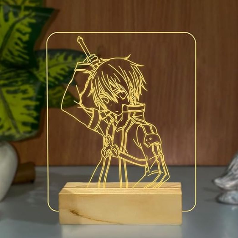 3D kiritoasuna Anime lamp with Warm White Colour & Wooden Base Lamp Bedroom Decor Light Birthday Gifts for Friend