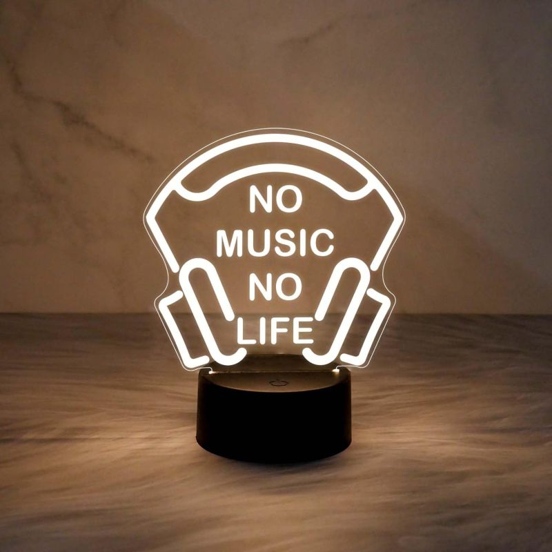 3D Illusion No Music No Life Thought Engraved Night Lamp with Warm White Light  Gift for Music Lover  Gift for Singer Friend  Room Lighting Creative Decoration Light