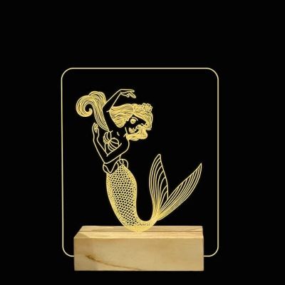 3D Mermaid  Night Light with Warm White Color Gift for Kids, Girls Wooden Base Lamp