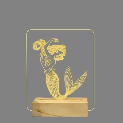 3D Mermaid  Night Light with Warm White Color Gift for Kids, Girls Wooden Base Lamp
