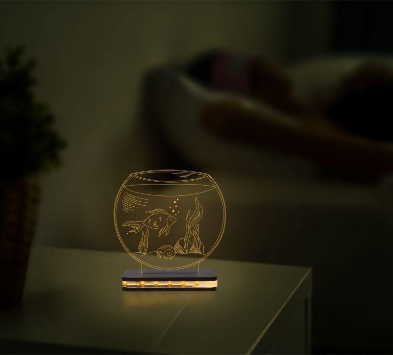 3D Illusion Fish Bowl Led Acrylic Night Lamp with Warm White Color Home Decor Showpiece