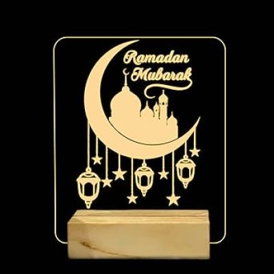 Ramadan Mubarak  Night Lamp with Warm White Colour Eid Decoration Lamp Gift Ideas for Family Friends, Ramazan Islamic Wooden Base
