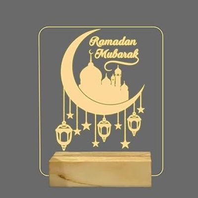 Ramadan Mubarak  Night Lamp with Warm White Colour Eid Decoration Lamp Gift Ideas for Family Friends, Ramazan Islamic Wooden Base