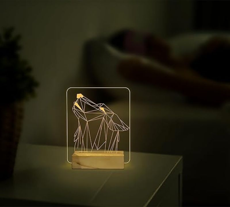 3D Wolf Optical Night Lamp with Warm White Light Creative Room Decor and Birthday Gift for Kids, Boys Wooden Base Lamp