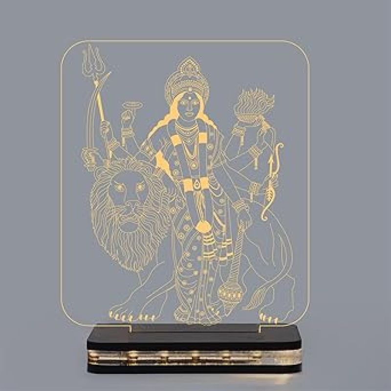 3D Illusion Shera Wali Mata Led Night Lamp with Warm White Colour Home Temple Office Decor Light Religious Gift