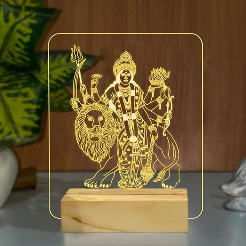 3D Illusion Shera Wali Mata Night Lamp with Warm White Colour Home Temple Office Decor Light Religious Gift Wooden Base Lamp