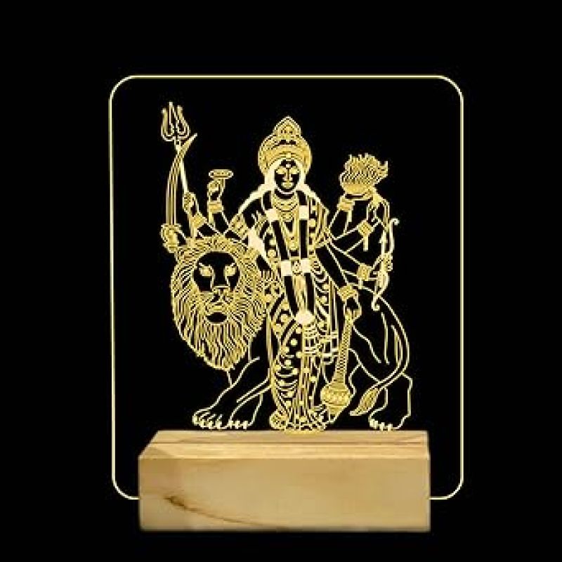 3D Illusion Shera Wali Mata Night Lamp with Warm White Colour Home Temple Office Decor Light Religious Gift Wooden Base Lamp