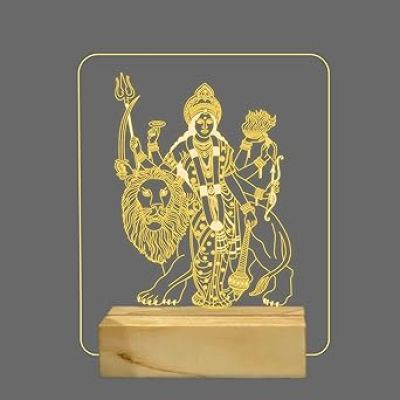 3D Illusion Shera Wali Mata Night Lamp with Warm White Colour Home Temple Office Decor Light Religious Gift Wooden Base Lamp