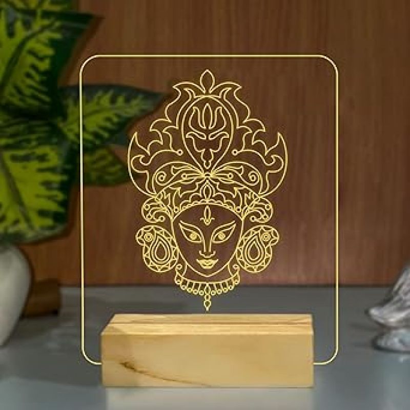 3D Illusion Maa Durga Acrylic Led Night Lamp with Warm White Colour Festival Gifts For Friend and Family Wooden Base