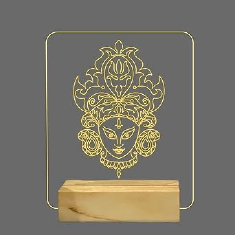 3D Illusion Maa Durga Acrylic Led Night Lamp with Warm White Colour Festival Gifts For Friend and Family Wooden Base