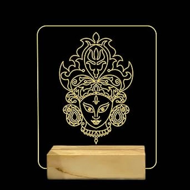 3D Illusion Maa Durga Acrylic Led Night Lamp with Warm White Colour Festival Gifts For Friend and Family Wooden Base