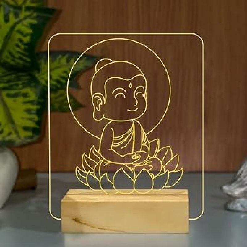 3D Illusion Little Gautam Buddha Night Light with Warm White Colour Gift for Friends & Family, Home Office Bedroom Decor Wooden Base Lamp