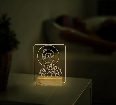 3D Illusion Little Gautam Buddha Night Light with Warm White Colour Gift for Friends & Family, Home Office Bedroom Decor Wooden Base Lamp