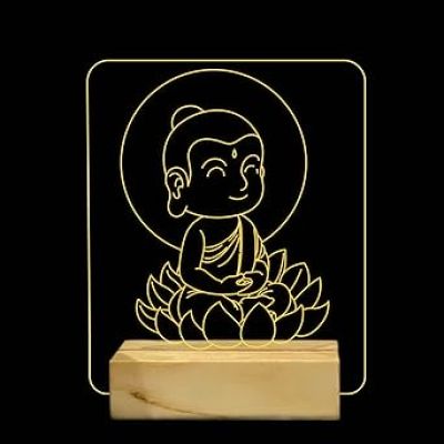 3D Illusion Little Gautam Buddha Night Light with Warm White Colour Gift for Friends & Family, Home Office Bedroom Decor Wooden Base Lamp