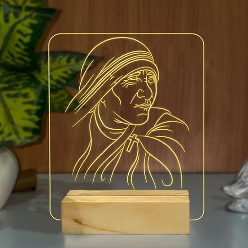 3D Illusion Mother Teresa Night Lamp with Warm White Colour Famous Personality, Office Decor Lamp Wooden Base Lamp