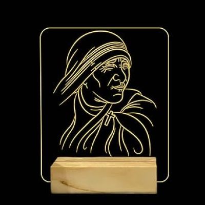 3D Illusion Mother Teresa Night Lamp with Warm White Colour Famous Personality, Office Decor Lamp Wooden Base Lamp