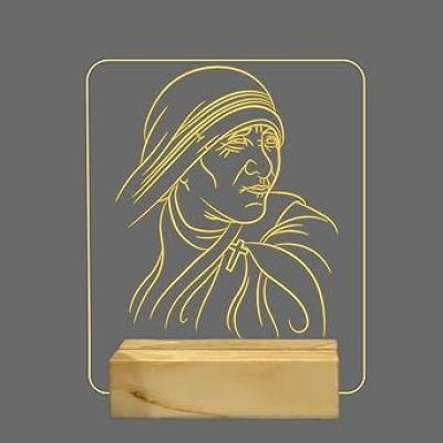 3D Illusion Mother Teresa Night Lamp with Warm White Colour Famous Personality, Office Decor Lamp Wooden Base Lamp