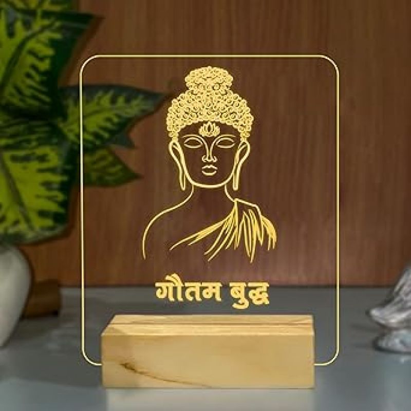 3D Illusion Gautama Budd Hindi Text Night Lamp with Warm White Colour Gift for Buddha Jayanti Wooden Base Lamp