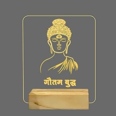 3D Illusion Gautama Budd Hindi Text Night Lamp with Warm White Colour Gift for Buddha Jayanti Wooden Base Lamp