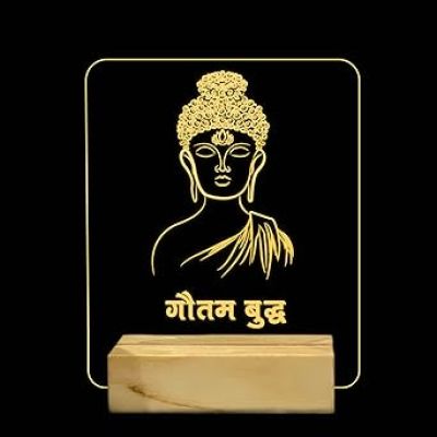 3D Illusion Gautama Budd Hindi Text Night Lamp with Warm White Colour Gift for Buddha Jayanti Wooden Base Lamp