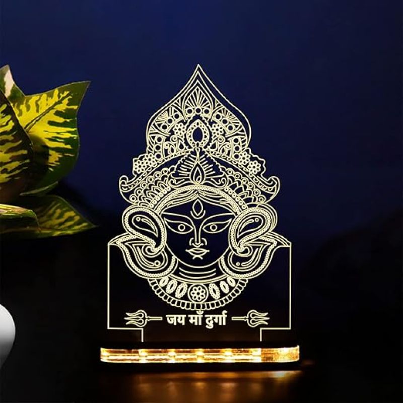 3D Illusion Maa Durga Hindi Text Led Night Lamp with Warm White Color Home Office Pooja Room Decor Light