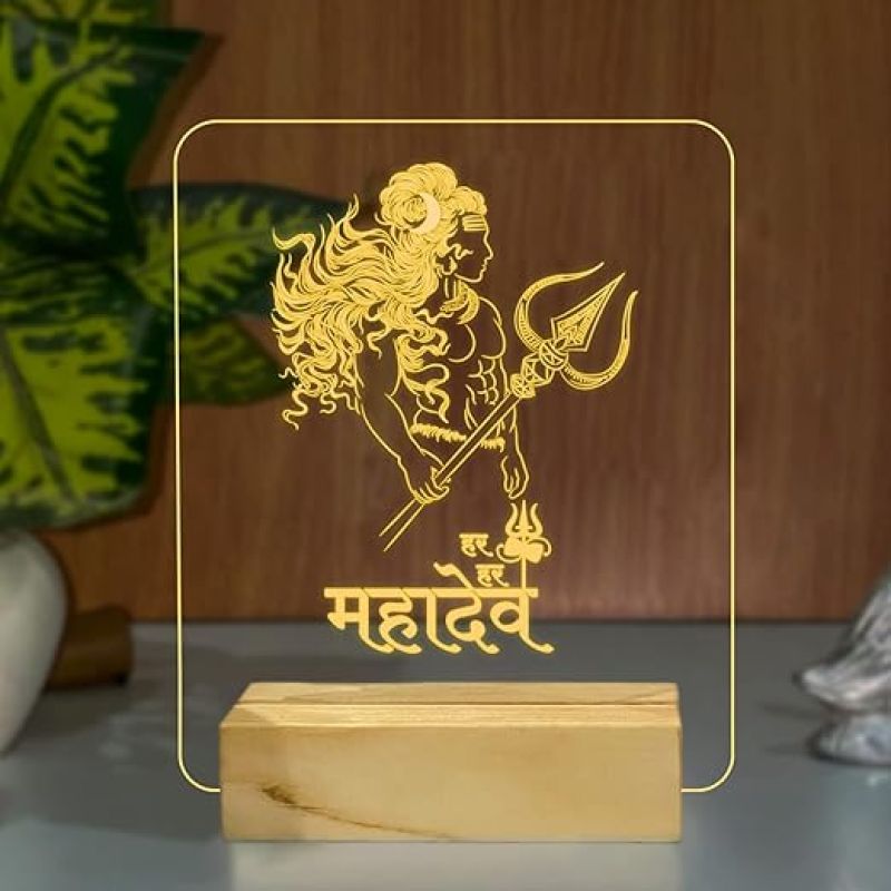 3D Illusion Har Har mahadev Hindi Text Night Light with Warm White Colour Home Decoration & Birthday Gifts Wooden Base Lamp