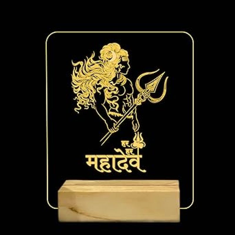 3D Illusion Har Har mahadev Hindi Text Night Light with Warm White Colour Home Decoration & Birthday Gifts Wooden Base Lamp