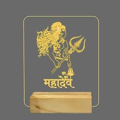 3D Illusion Har Har mahadev Hindi Text Night Light with Warm White Colour Home Decoration & Birthday Gifts Wooden Base Lamp