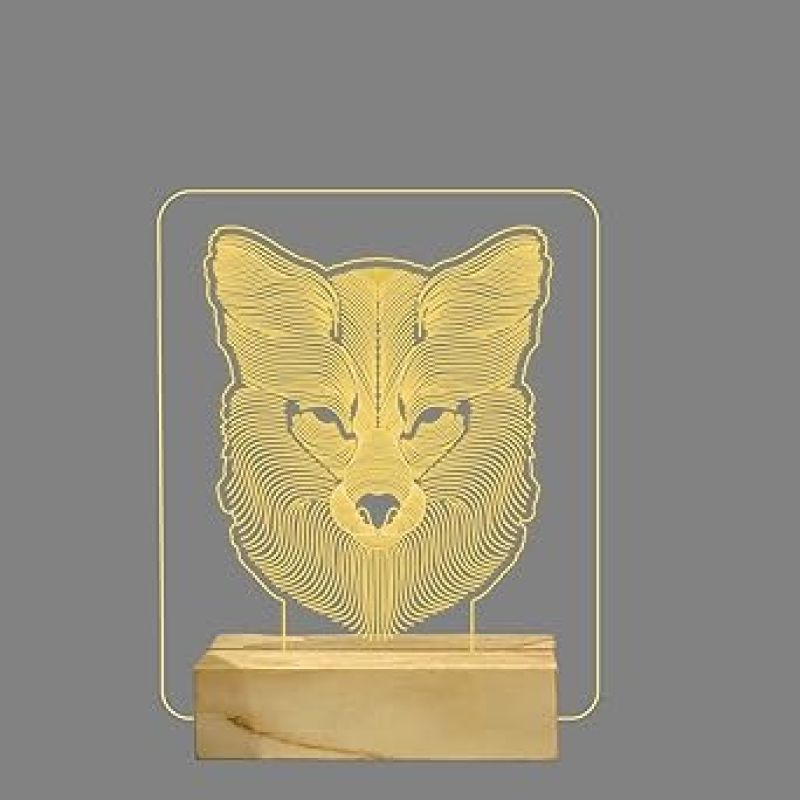 3D Illusion Wolf Face Night Lamp with Warm White Colour Decoration showpiece and Gift for Kids Wooden Base Lamp