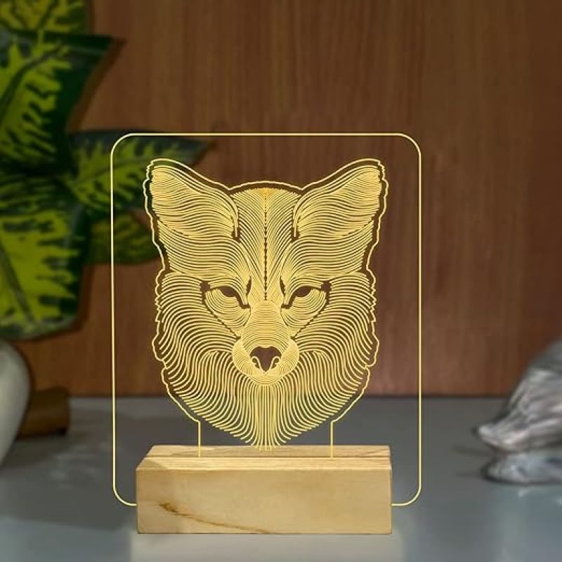 3D Illusion Wolf Face Night Lamp with Warm White Colour Decoration showpiece and Gift for Kids Wooden Base Lamp