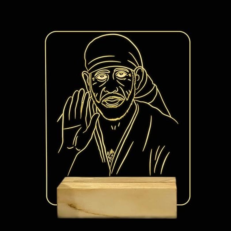 3D Illusion Sai Baba Led Night lamp with Warm White Color Home, Office and Pooja Room Decor Wooden Base Lamp