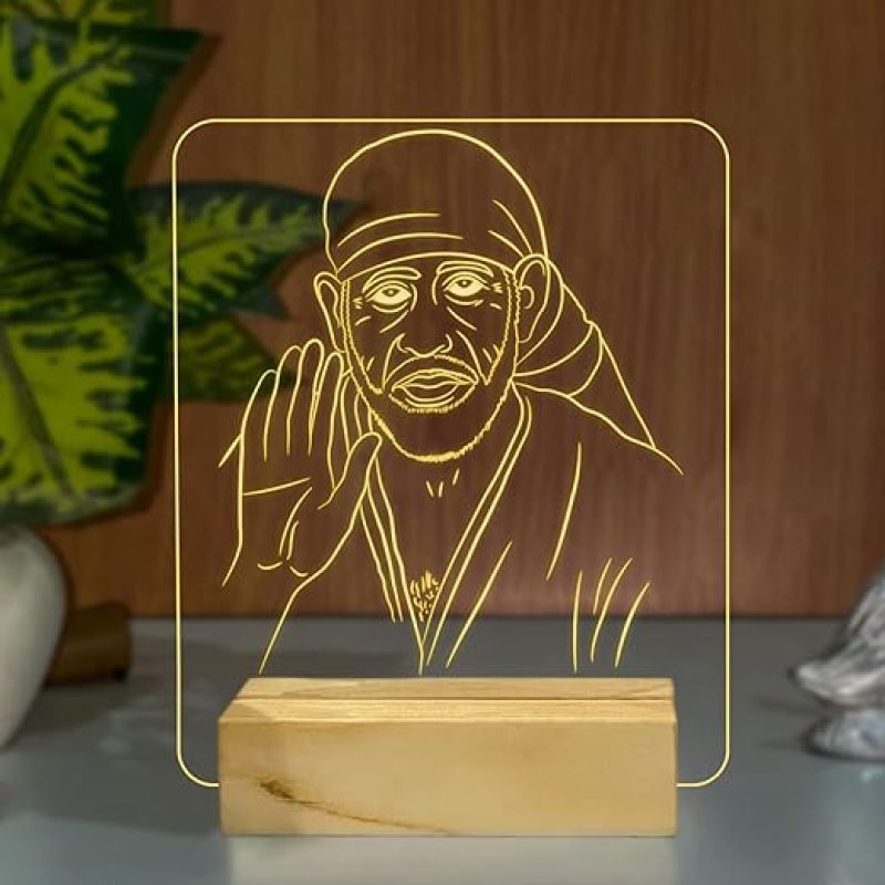 3D Illusion Sai Baba Led Night lamp with Warm White Color Home, Office and Pooja Room Decor Wooden Base Lamp