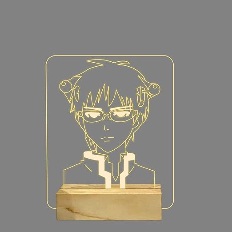 Saiki Anime Night Lamp with Warm White Light Gift for Boy Birthday Gift For Anime Lover Wooden Base Lamp