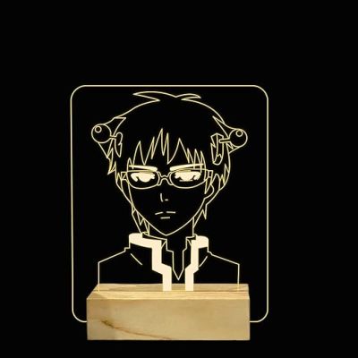 Saiki Anime Night Lamp with Warm White Light Gift for Boy Birthday Gift For Anime Lover Wooden Base Lamp