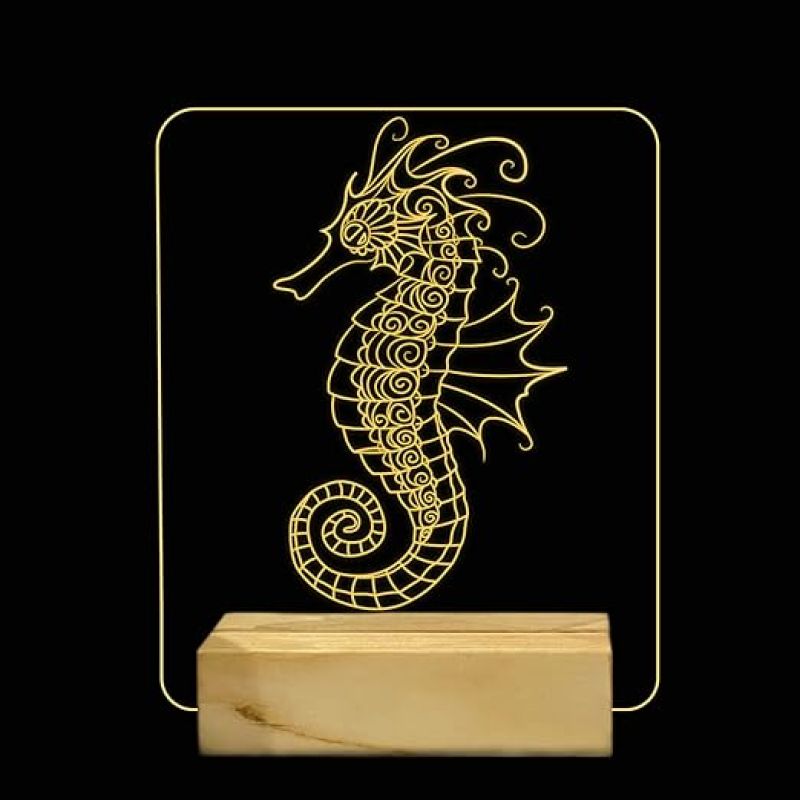 3D illsuion Seahorse Night lamp with Warm White Color Gift for Kids Boy Girl & Room Decoration Light Wooden Base Lamp