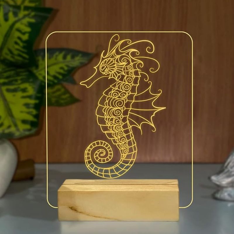 3D illsuion Seahorse Night lamp with Warm White Color Gift for Kids Boy Girl & Room Decoration Light Wooden Base Lamp