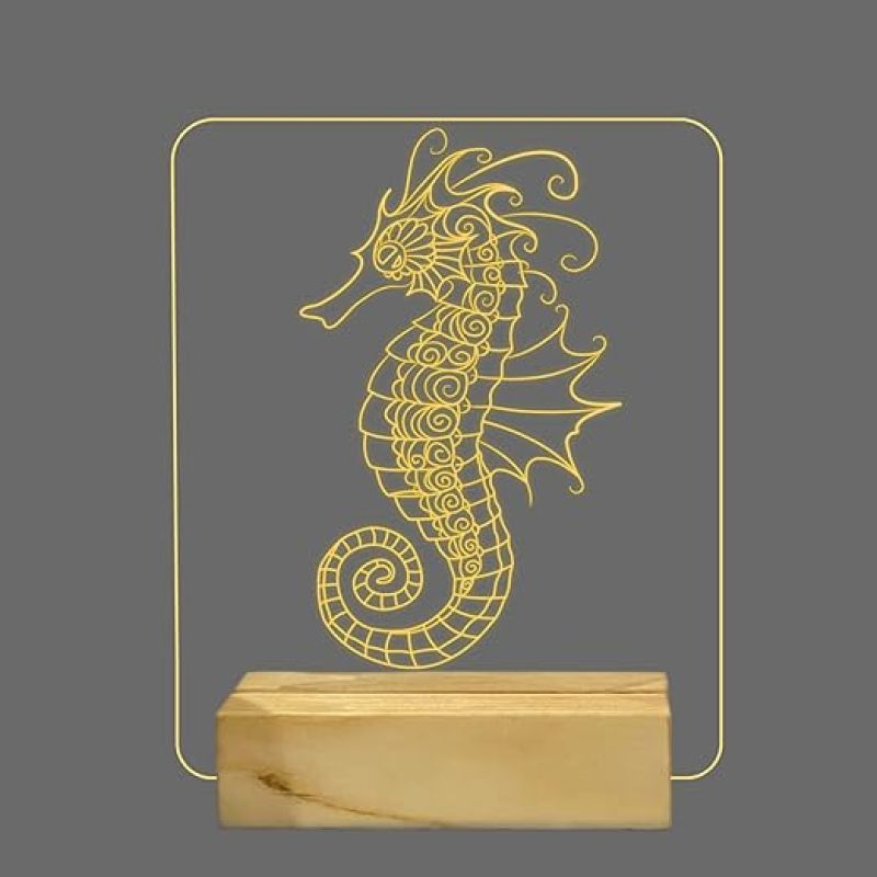 3D illsuion Seahorse Night lamp with Warm White Color Gift for Kids Boy Girl & Room Decoration Light Wooden Base Lamp