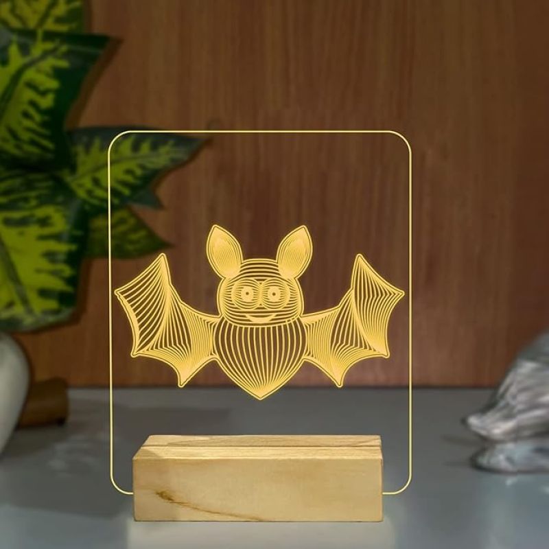 3D Illusion Bat Animal Night Lamp with Warm White Color Room Decor Wooden Base Lamp