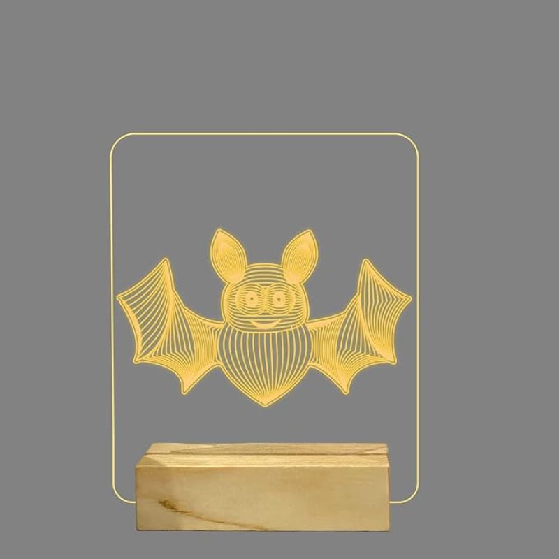 3D Illusion Bat Animal Night Lamp with Warm White Color Room Decor Wooden Base Lamp