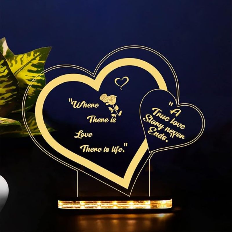 3D Illusion Double Heart Led Night Lamp with Warm White Color Birthday Wedding Anniversary Valentine's Day Gifts