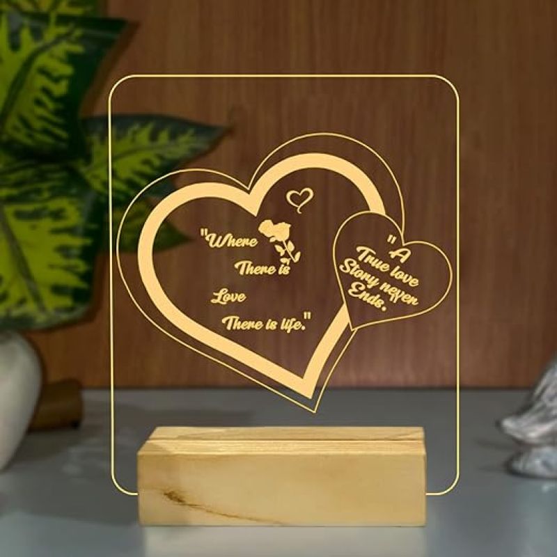 3D Illusion Double Heart Night Lamp with Warm White Color Birthday Wedding Anniversary Valentine's Day Gifts Wooden Base Lamp