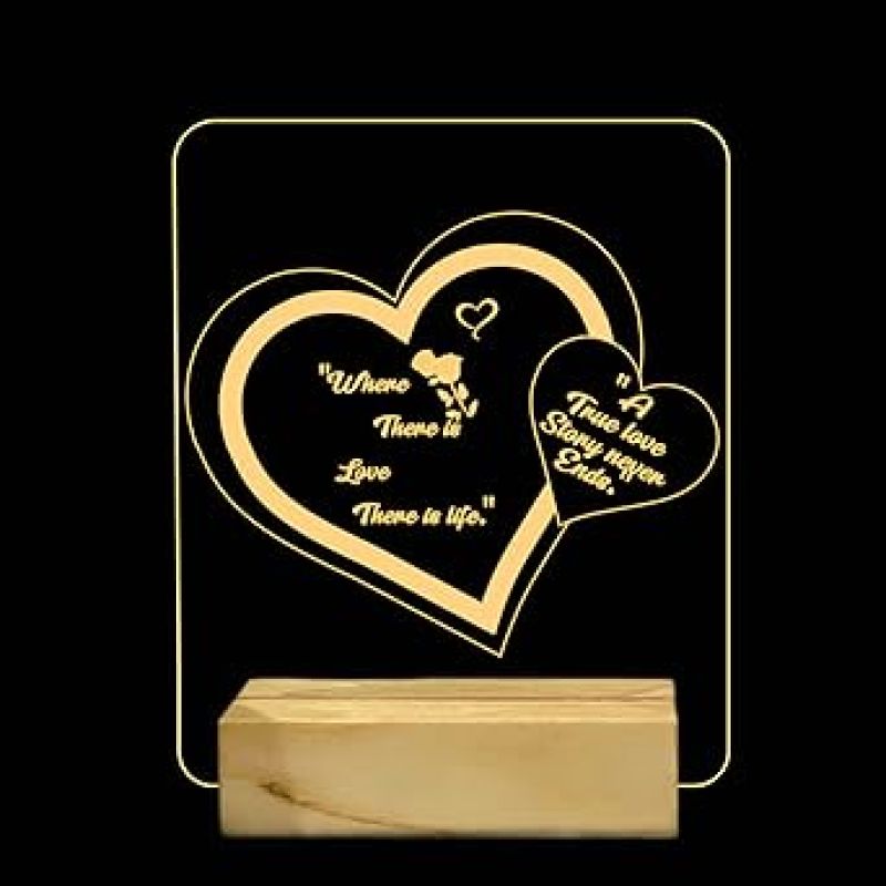 3D Illusion Double Heart Night Lamp with Warm White Color Birthday Wedding Anniversary Valentine's Day Gifts Wooden Base Lamp