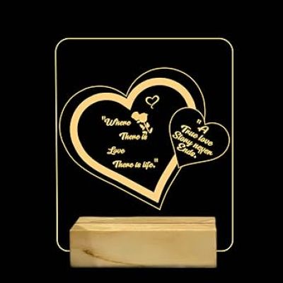 3D Illusion Double Heart Night Lamp with Warm White Color Birthday Wedding Anniversary Valentine's Day Gifts Wooden Base Lamp
