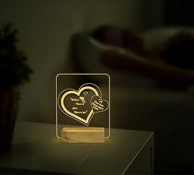3D Illusion Double Heart Night Lamp with Warm White Color Birthday Wedding Anniversary Valentine's Day Gifts Wooden Base Lamp
