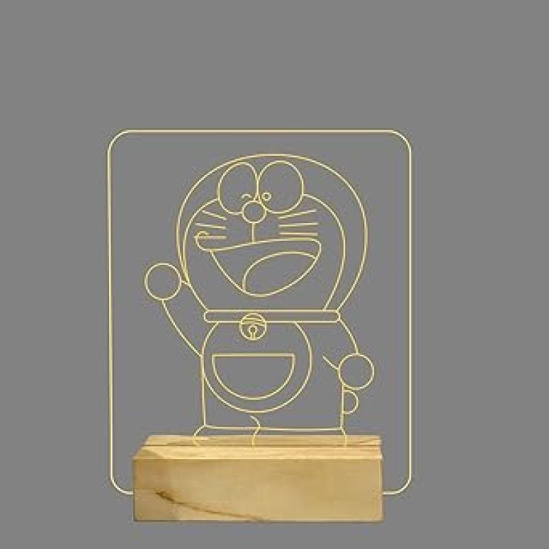 3D Illusion Doraemon Anime Night Lamp with Warm White Color Kids Room & Home Decoration Lamp Best Birthday Gift for Children Girls Boys Wooden Base Lamp