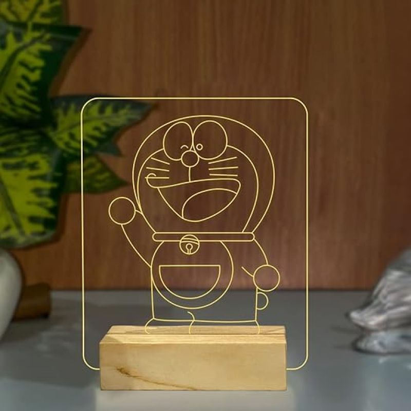 3D Illusion Doraemon Anime Night Lamp with Warm White Color Kids Room & Home Decoration Lamp Best Birthday Gift for Children Girls Boys Wooden Base Lamp