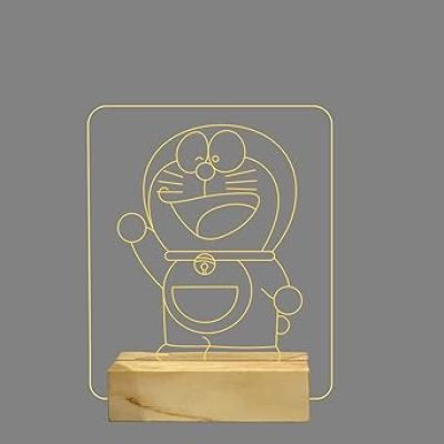 3D Illusion Doraemon Anime Night Lamp with Warm White Color Kids Room & Home Decoration Lamp Best Birthday Gift for Children Girls Boys Wooden Base Lamp