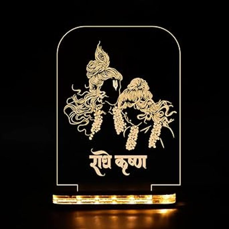 3D Illusion Radha Krishna Hindi Text Led Night Lamp with Warm White Color Home Office Pooja Room Decor