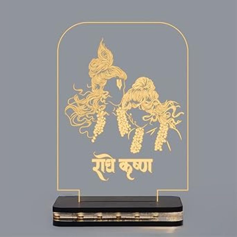 3D Illusion Radha Krishna Hindi Text Led Night Lamp with Warm White Color Home Office Pooja Room Decor