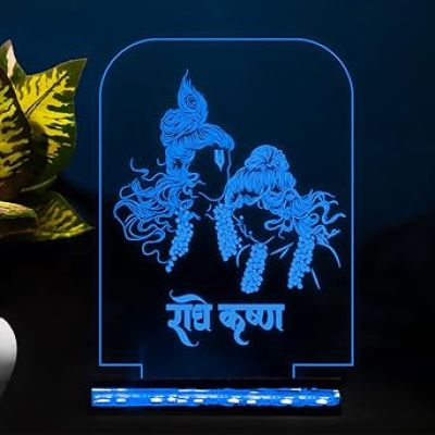 3D Illusion Radha Krishna Hindi Text Led Night Lamp 16 Color Changing Light with Remote Control Home Office Pooja Room Decor
